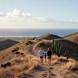 Caribbean Holidays, Cura&ccedil;ao Adventure, Hikers walking through Cura&ccedil;ao&rsquo;s dry hills with cacti, warm sunlight and views towards the Caribbean Sea