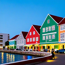 Caribbean Holidays, Cura&ccedil;ao Adventure Holidays, A colourful Cura&ccedil;ao street in Willemstad with pastel buildings, a waterfront and people enjoying an evening out