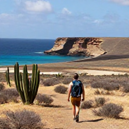 Caribbean Holidays, Cura&ccedil;ao Adventure Holidays, A hiker walking through Cura&ccedil;ao's dry landscape towards a dramatic coastal viewpoint, with cacti and blue sea