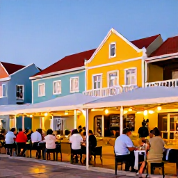 Caribbean Holidays, Curacao Adventure Holidays, A lively Cura&ccedil;ao evening scene with travellers dining outdoors near colourful Willemstad buildings