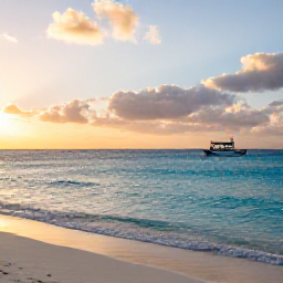 Caribbean Holidays, Cura&ccedil;ao Adventure Holidays, A quiet Cura&ccedil;ao beach at sunset with calm turquoise sea, warm light and a small boat offshore