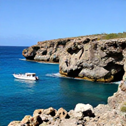 Caribbean Holidays, Curacao Adventure Holidays, A rugged Cura&ccedil;ao coastline with turquoise water, bright sunshine and a small adventure boat near rocky cliffs