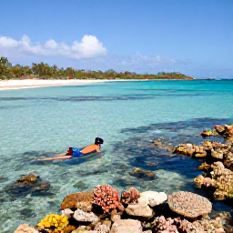 Caribbean Holidays, Curacao Adventure Holidays, A snorkeller exploring clear shallow water above a colourful coral reef beside a secluded Cura&ccedil;ao beach