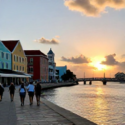 Caribbean Holidays, Cura&ccedil;ao Adventure Holidays, Colourful historic Willemstad waterfront at sunset, with travellers walking near pastel buildings, the floating Queen Emma Bridge and Caribbean atmosphere