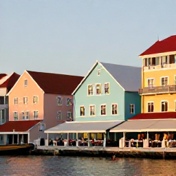 Caribbean Holidays, Cura&ccedil;ao Adventure Holidays, Colourful Willemstad waterfront in December, with pastel Dutch-style buildings, people dining outdoors and warm evening light