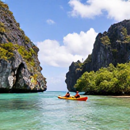 Caribbean Holidays, Curacao Adventure Holidays, Kayakers paddling along calm turquoise water beside mangroves and limestone cliffs on Cura&ccedil;ao