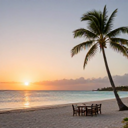 Caribbean Holidays, Cura&ccedil;ao Adventure Holidays, Relaxed Cura&ccedil;ao beach at sunset with calm turquoise water, palm trees and comfortable outdoor dining