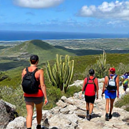 Caribbean Holidays, Cura&ccedil;ao Adventure Holidays, Travellers hiking along a rocky trail in Christoffel National Park, with cacti, green hills and the Caribbean Sea in the distance