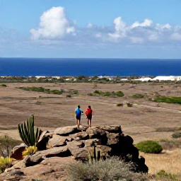 Caribbean Holidays, Cura&ccedil;ao Adventure Holidays, Travellers hiking through Cura&ccedil;ao&rsquo;s dry countryside towards a rocky viewpoint, with cacti, low shrubs and distant blue sea