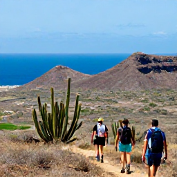 Caribbean Holidays, Cura&ccedil;ao Adventure Holidays, Travellers hiking through Cura&ccedil;ao's dry national park landscape with cacti, rocky hills and distant blue sea