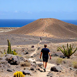 Caribbean Holidays, Curacao Adventure Holidays, Travellers hiking through Cura&ccedil;ao&rsquo;s dry national park landscape with rocky hills, cacti and distant blue sea