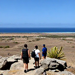 Caribbean Holidays, Cura&ccedil;ao Adventure, Travellers hiking through Cura&ccedil;ao's dry countryside towards a rocky viewpoint, with cacti and distant sea views