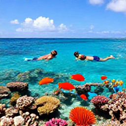 Caribbean Holidays, Curacao All Inclusive, A couple snorkelling in clear shallow water above a colourful coral reef near Cura&ccedil;ao, with bright tropical fish and a sunny Caribbean sea