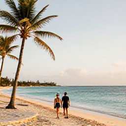 Caribbean Holidays, Cura&ccedil;ao All Inclusive, Couple walking along a quiet Cura&ccedil;ao beach at golden hour with palm trees and calm turquoise sea