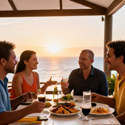 Caribbean Holidays, Cura&ccedil;ao All Inclusive, Friendly travellers dining outdoors at a Cura&ccedil;ao resort restaurant, with Caribbean dishes and sunset light