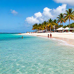 Caribbean Holidays, Cura&ccedil;ao August Breaks, Clear turquoise water at a Cura&ccedil;ao beach with palm trees, white sand, snorkellers and a relaxed August holiday setting