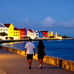 Caribbean Holidays, Cura&ccedil;ao August Breaks, Couple enjoying a relaxed evening walk along the illuminated Willemstad waterfront in Cura&ccedil;ao, with colourful buildings and Caribbean harbour views