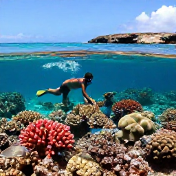 Caribbean Holidays, Curacao Beach Holidays, A snorkeller exploring a colourful coral reef in clear Cura&ccedil;ao water, with tropical fish, sunlight and a rocky coastline in the background
