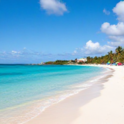 Caribbean Holidays, Curacao Beach Holidays, A sunny Cura&ccedil;ao beach with clear turquoise water, white sand, palm trees and a few colourful beach umbrellas