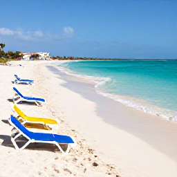 Caribbean Holidays, Curacao Beach Holidays, A wide white-sand beach in Cura&ccedil;ao with clear turquoise water, colourful sun loungers and a relaxed Caribbean atmosphere