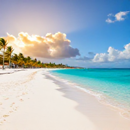 Caribbean Holidays, Curacao Beach Holidays, A wide white-sand beach in Curacao with clear turquoise water, palm trees and a warm November sky
