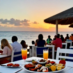 Caribbean Holidays, Cura&ccedil;ao Beach Holidays, An outdoor Cura&ccedil;ao restaurant at sunset, with fresh seafood, tropical drinks and diners enjoying a gentle evening breeze