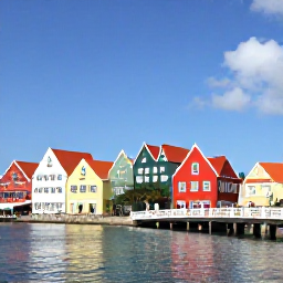 Caribbean Holidays, Curacao Beach Holidays, Colourful Willemstad waterfront in Curacao with Dutch-style buildings, a pedestrian bridge and visitors enjoying the sunny day