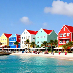 Caribbean Holidays, Cura&ccedil;ao Beach Holidays, Colourful Willemstad waterfront near the sea in Cura&ccedil;ao, with pastel buildings, palm trees and visitors enjoying a relaxed holiday atmosphere