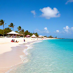 Caribbean Holidays, Curacao Beach Holidays, Sunlit Curacao beach with clear turquoise water, pale sand, palm trees and a few relaxed holidaymakers in March
