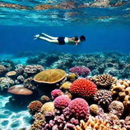 Caribbean Holidays, Curacao Beach Holidays, Travellers swimming and snorkelling above a colourful coral reef in clear shallow water near Curacao