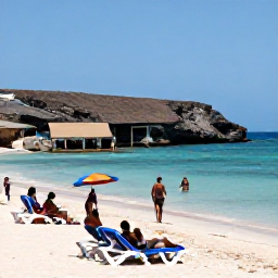 Caribbean Holidays, Cura&ccedil;ao Beach Holidays, Visitors relaxing on a sheltered Cura&ccedil;ao beach in June, with snorkellers in clear shallow water, sun loungers and rugged coastal scenery