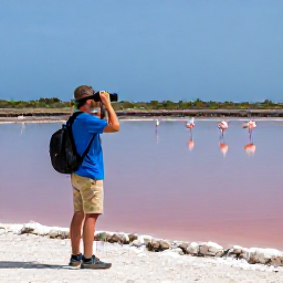 Caribbean Holidays, Cura&ccedil;ao Birdwatching, A birdwatcher with binoculars beside a Cura&ccedil;ao salt pan, with flamingos and coastal vegetation in the background