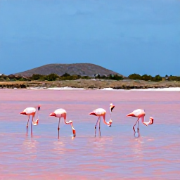 Caribbean Holidays, Cura&ccedil;ao Birdwatching, American flamingos standing in shallow pink-tinted salt ponds at Jan Kok, Cura&ccedil;ao, with low hills and clear sky
