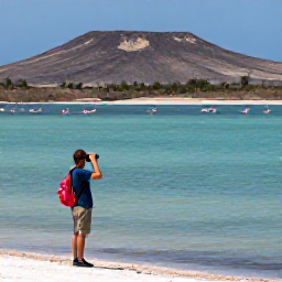 Caribbean Holidays, Cura&ccedil;ao Birdwatching, Birdwatcher using binoculars beside a calm Cura&ccedil;ao salt lake, flamingos in the distance and dry hills beyond