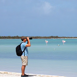 Caribbean Holidays, Cura&ccedil;ao Birdwatching, Birdwatcher using binoculars beside a calm Cura&ccedil;ao salt lake, with flamingos and wading birds in the distance