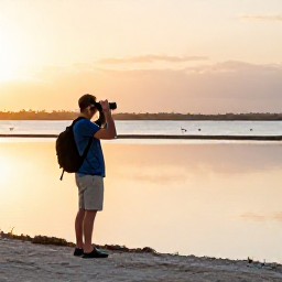 Caribbean Holidays, Cura&ccedil;ao Birdwatching, Birdwatcher using binoculars beside a calm Cura&ccedil;ao salt pan at sunrise, with flamingos and wading birds in the distance