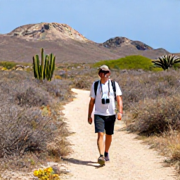 Caribbean Holidays, Cura&ccedil;ao Birdwatching, Birdwatcher walking along a quiet Cura&ccedil;ao nature trail through cactus and dry scrub, with binoculars and rugged hills in the background
