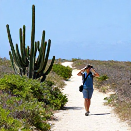 Caribbean Holidays, Cura&ccedil;ao Birdwatching, Birdwatcher with binoculars walking along a quiet Cura&ccedil;ao nature trail beside cactus and coastal scrub