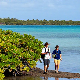 Caribbean Holidays, Curacao Birdwatching, Birdwatchers walking beside mangroves and calm turquoise water in Cura&ccedil;ao, with binoculars and tropical scenery