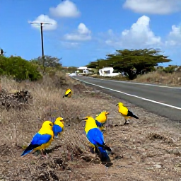 Caribbean Holidays, Cura&ccedil;ao Birdwatching, Bright yellow and blue Cura&ccedil;ao birds in dry cactus scrub near a quiet island road