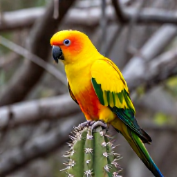 Caribbean Holidays, Cura&ccedil;ao Birdwatching, Close-up of a yellow-billed parrot perched on a cactus branch in Cura&ccedil;ao, with rugged dry woodland behind