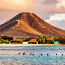 Caribbean Holidays, Cura&ccedil;ao Birdwatching, Colourful Cura&ccedil;ao landscape at sunrise with dry hills, cacti, calm Caribbean water and native birds in the foreground