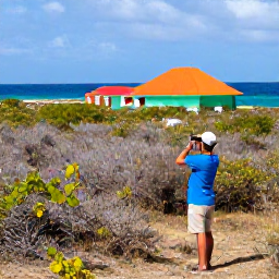 Caribbean Holidays, Cura&ccedil;ao Birdwatching, Colourful Cura&ccedil;ao landscape with a birdwatcher using binoculars near scrubland and distant Caribbean sea