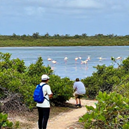 Caribbean Holidays, Cura&ccedil;ao Birdwatching, Cura&ccedil;ao wetlands with flamingos wading in shallow water, mangroves and a birdwatcher observing quietly from a trail