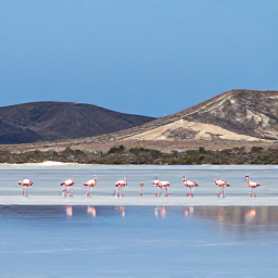 Caribbean Holidays, Curacao Birdwatching, Flamingos feeding in a shallow salt lake at Jan Kok, Cura&ccedil;ao, with arid hills and blue sky