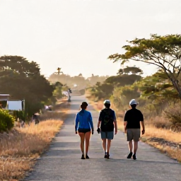 Caribbean Holidays, Cura&ccedil;ao Birdwatching, Friendly birdwatching guide and visitors walking through Cura&ccedil;ao countryside in soft morning light
