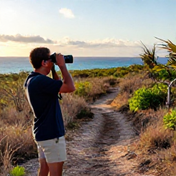 Caribbean Holidays, Cura&ccedil;ao Birdwatching, Peaceful Cura&ccedil;ao nature trail at sunrise, birder with binoculars, dry woodland and distant turquoise sea