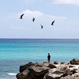 Caribbean Holidays, Cura&ccedil;ao Birdwatching, Quiet Cura&ccedil;ao coastline with a small birdwatcher on a rocky viewpoint, turquoise water and seabirds overhead