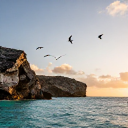Caribbean Holidays, Cura&ccedil;ao Birdwatching, Quiet Cura&ccedil;ao coastline with seabirds flying above turquoise water and rocky cliffs at sunrise