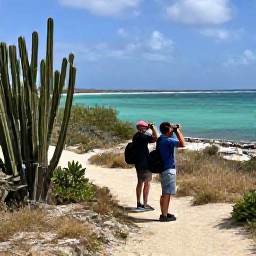 Caribbean Holidays, Cura&ccedil;ao Birdwatching, Quiet Cura&ccedil;ao nature trail beside the sea with a couple of birdwatchers using binoculars, cacti and distant turquoise water